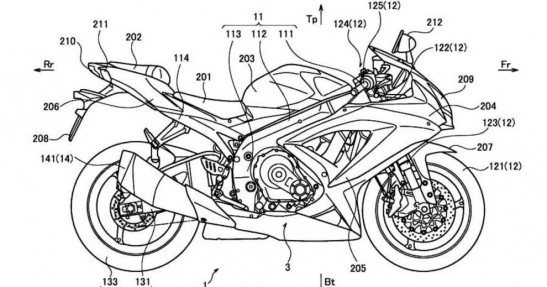 Rysunki patentowe turbodoładowanego motocykla Suzuki