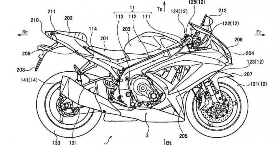 Rysunki patentowe turbodoładowanego motocykla Suzuki