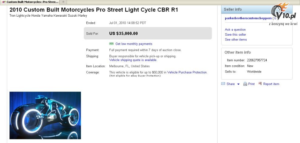 Świetlny motocykl na eBay