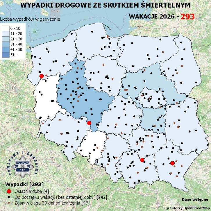 Policyjna mapa wypadków drogowych ze skutkiem śmiertelnym – Wakacje 2026 (fot. Komenda Główna Policji)